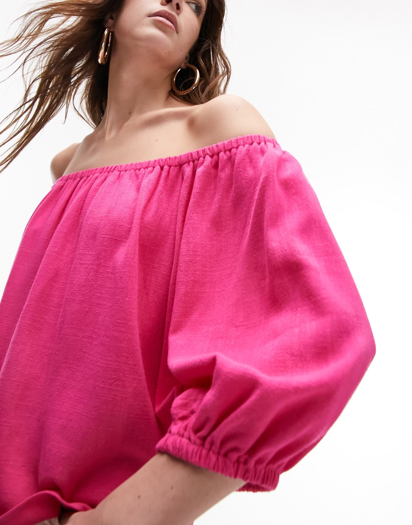 Topshop linen mix bardot top in pink