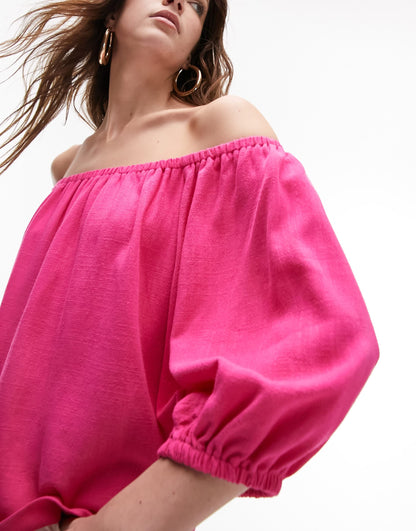 Topshop linen mix bardot top in pink