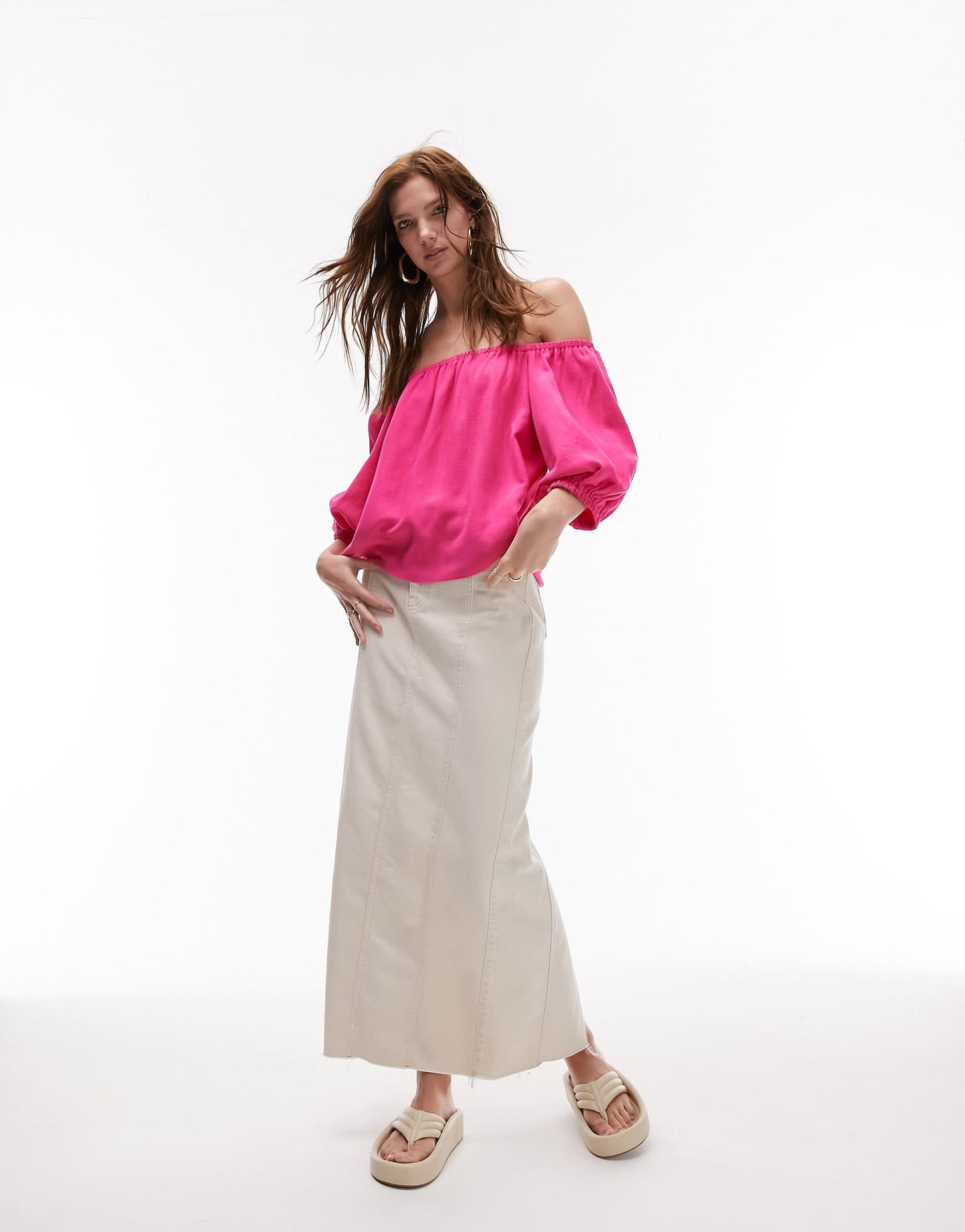 Topshop linen mix bardot top in pink