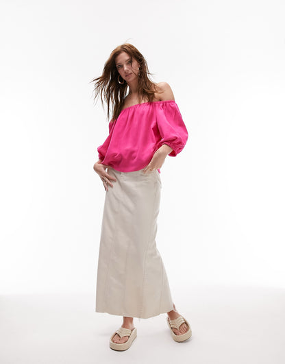 Topshop linen mix bardot top in pink