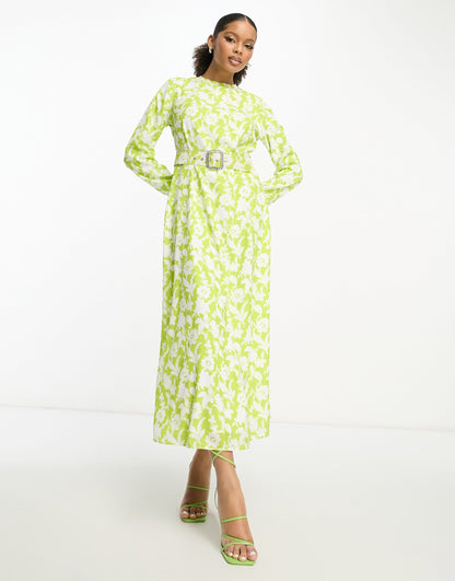 Trendyol long sleeve belted maxi dress in sage floral