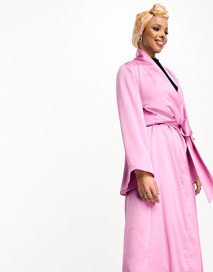 Trendyol wide sleeve belted dress in hot pink satin