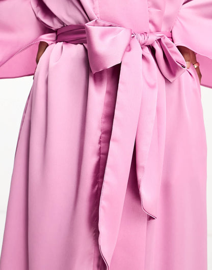 Trendyol wide sleeve belted dress in hot pink satin
