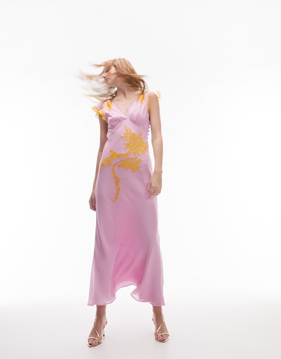 Topshop v neck lace insert midi dress in pink and orange