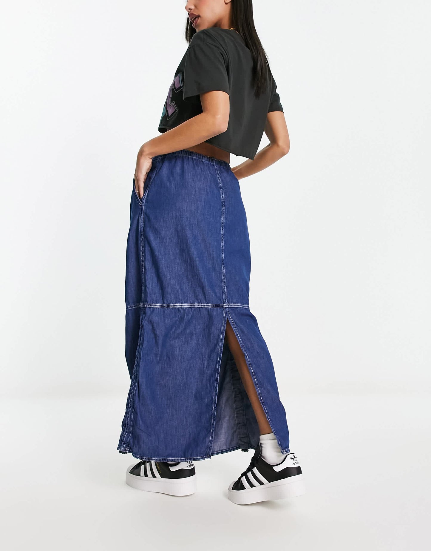 Bershka denim parachute skirt in mid blue