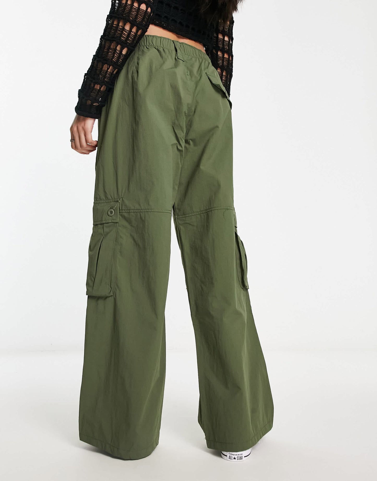 Bershka drawstring waist nylon wide leg cargo trousers in khaki