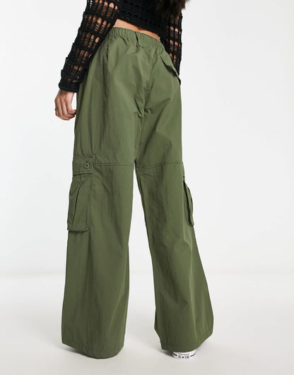 Bershka drawstring waist nylon wide leg cargo trousers in khaki