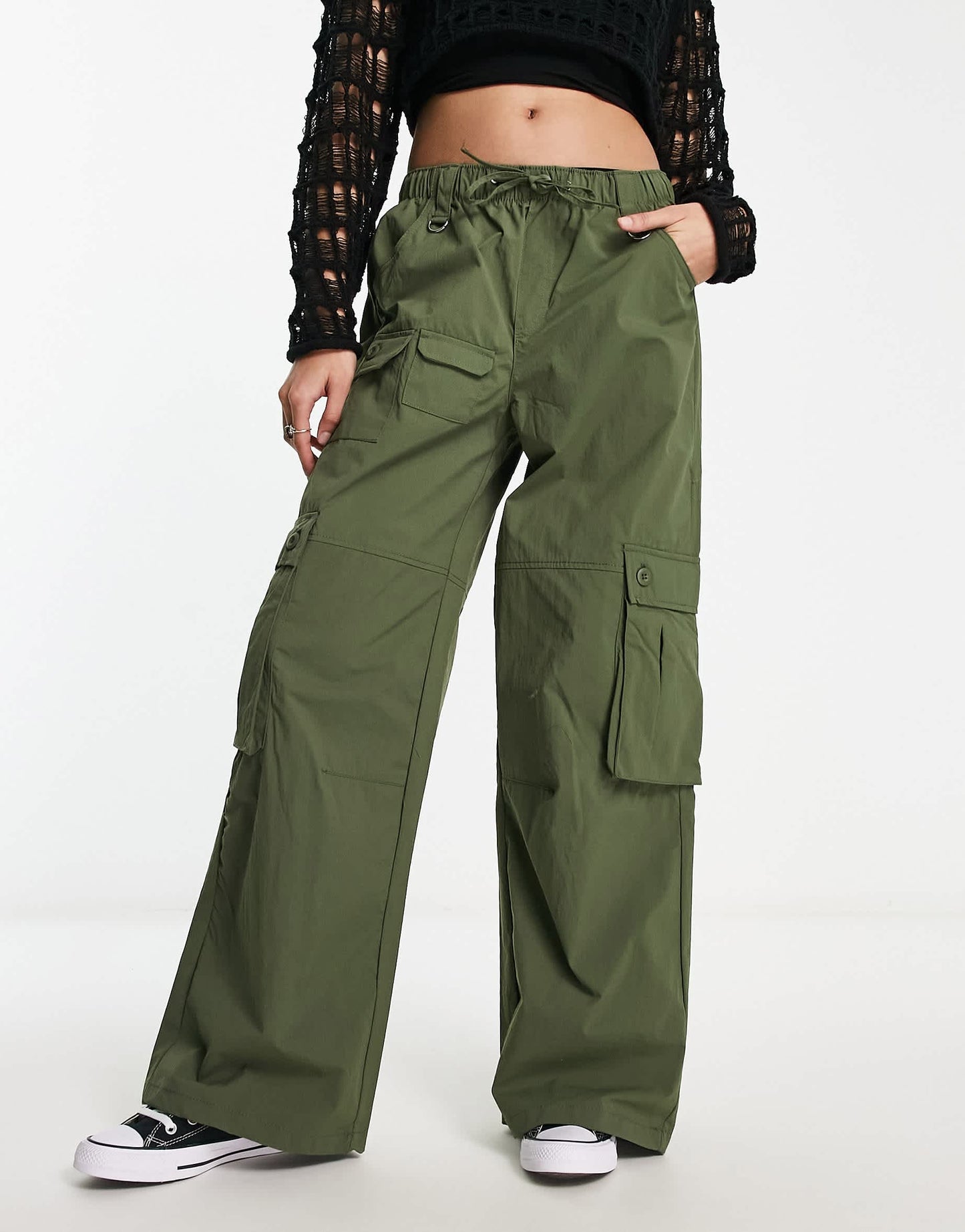 Bershka drawstring waist nylon wide leg cargo trousers in khaki