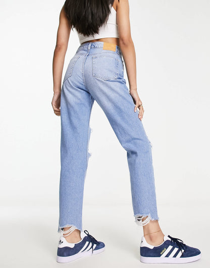 Bershka comfort fit mom jean with rips in light blue