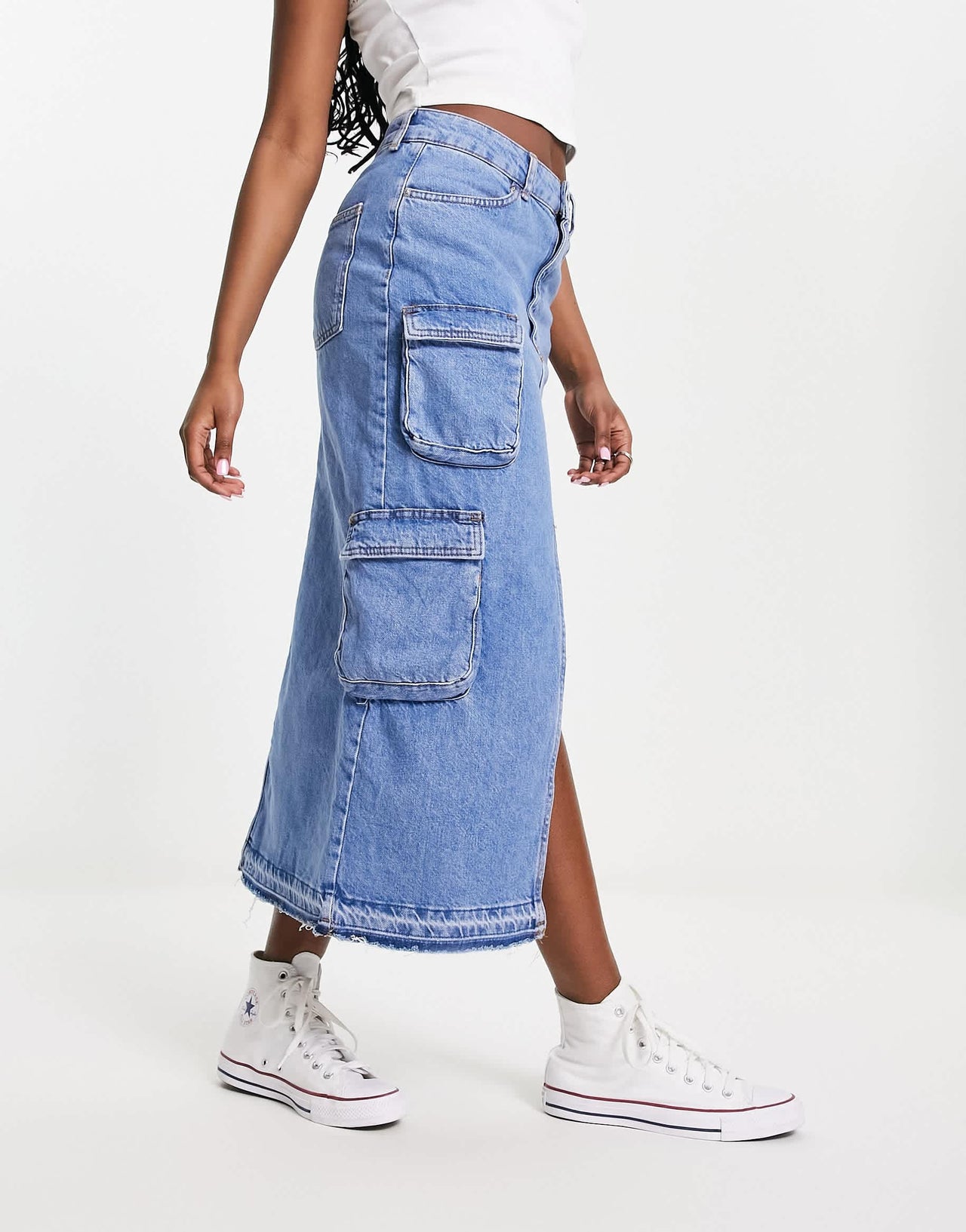 Bershka split front denim midi cargo skirt in light blue