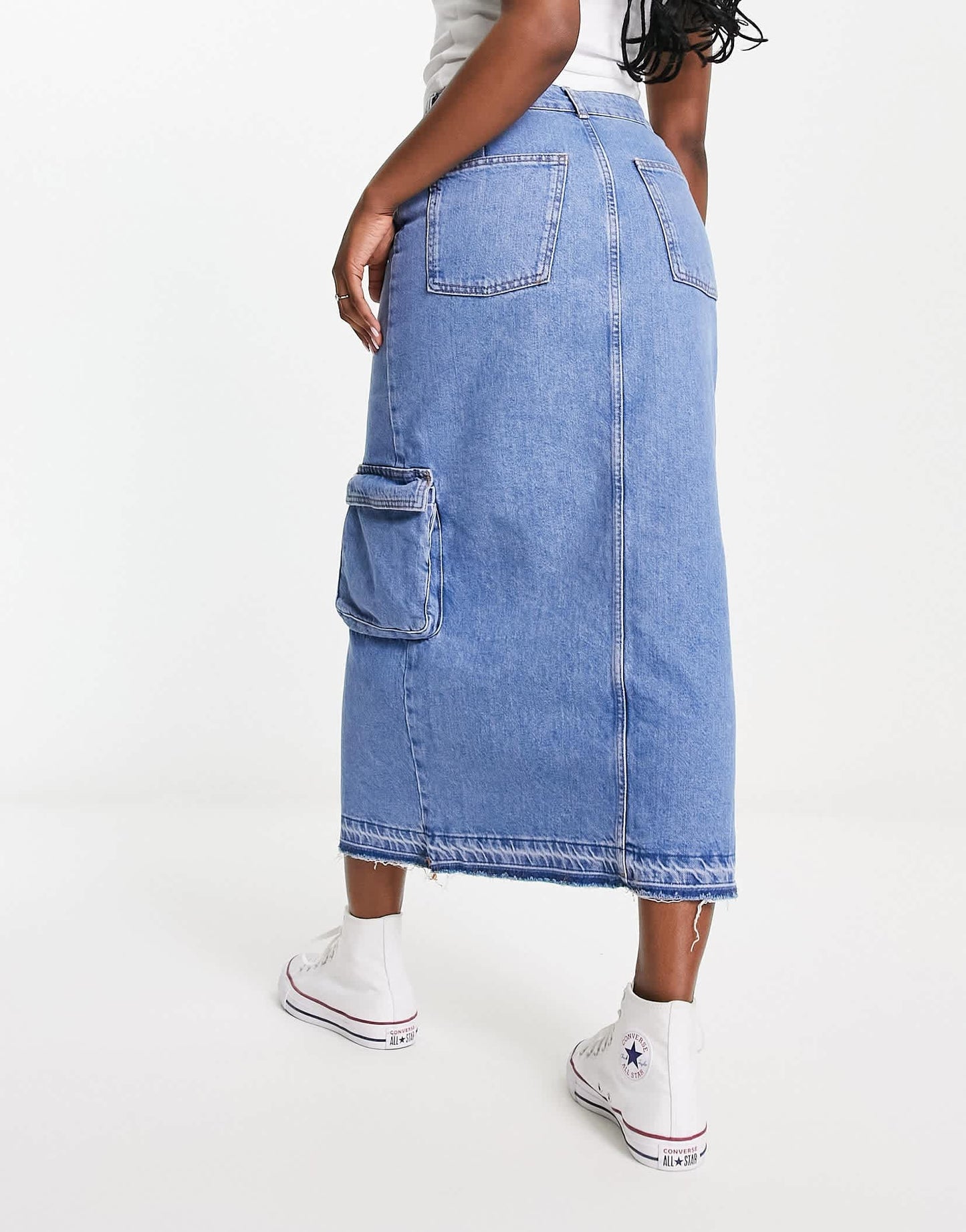 Bershka split front denim midi cargo skirt in light blue
