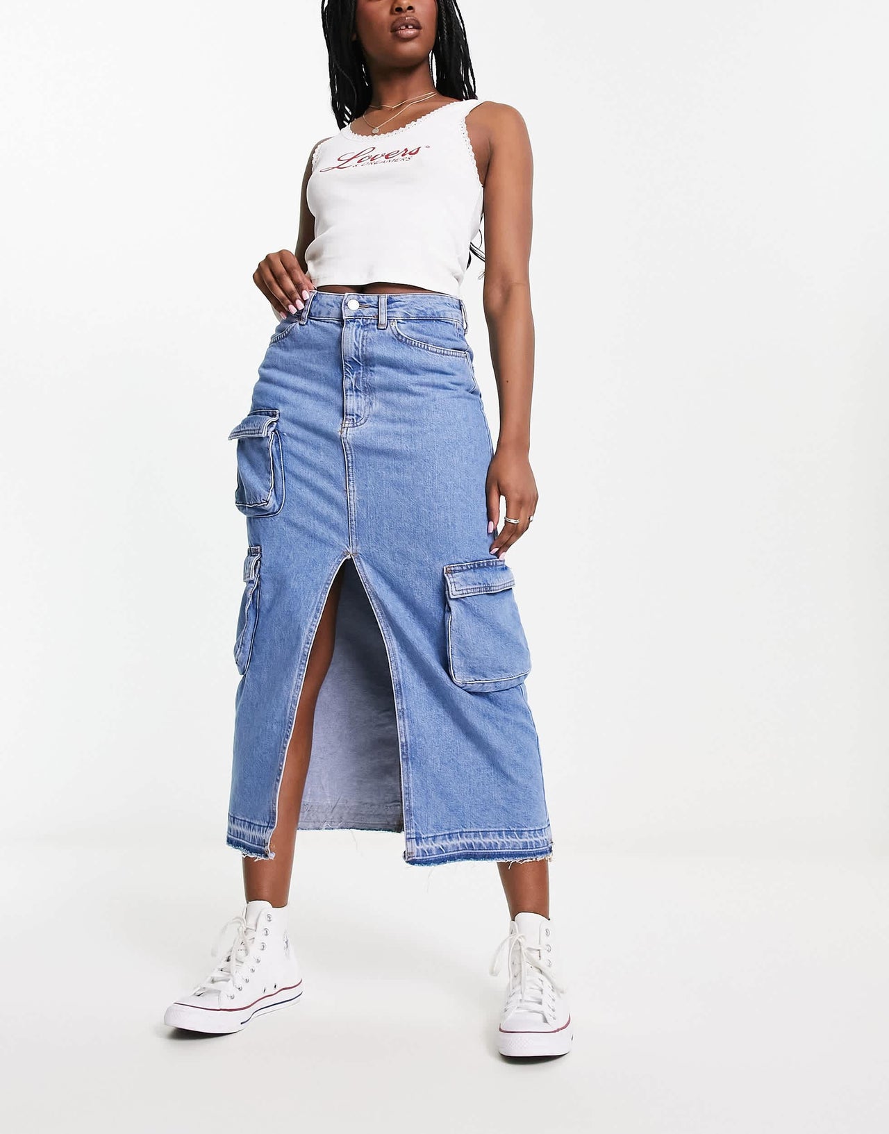 Bershka split front denim midi cargo skirt in light blue