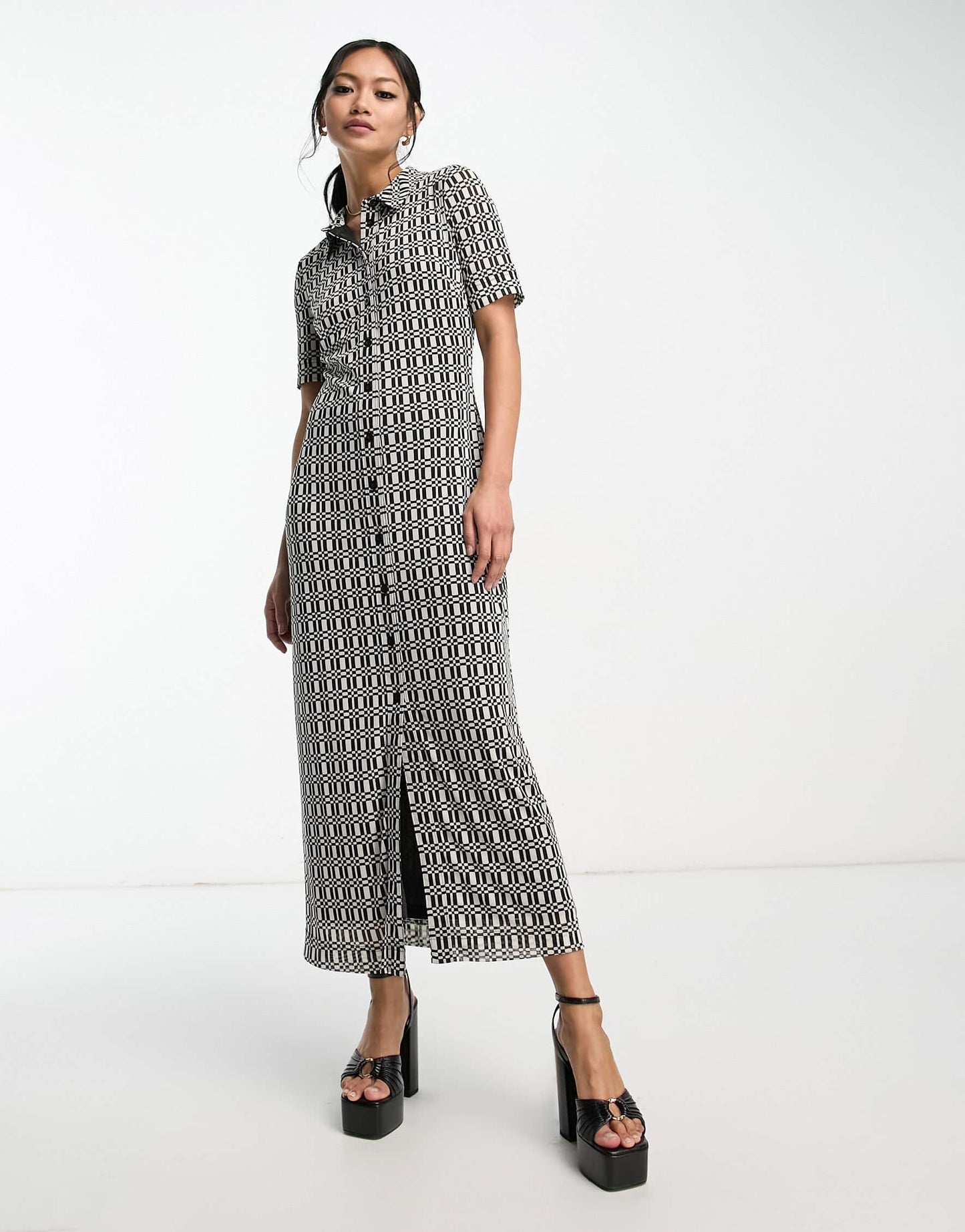 Whistles short sleeve midi sheer dress in geometric print