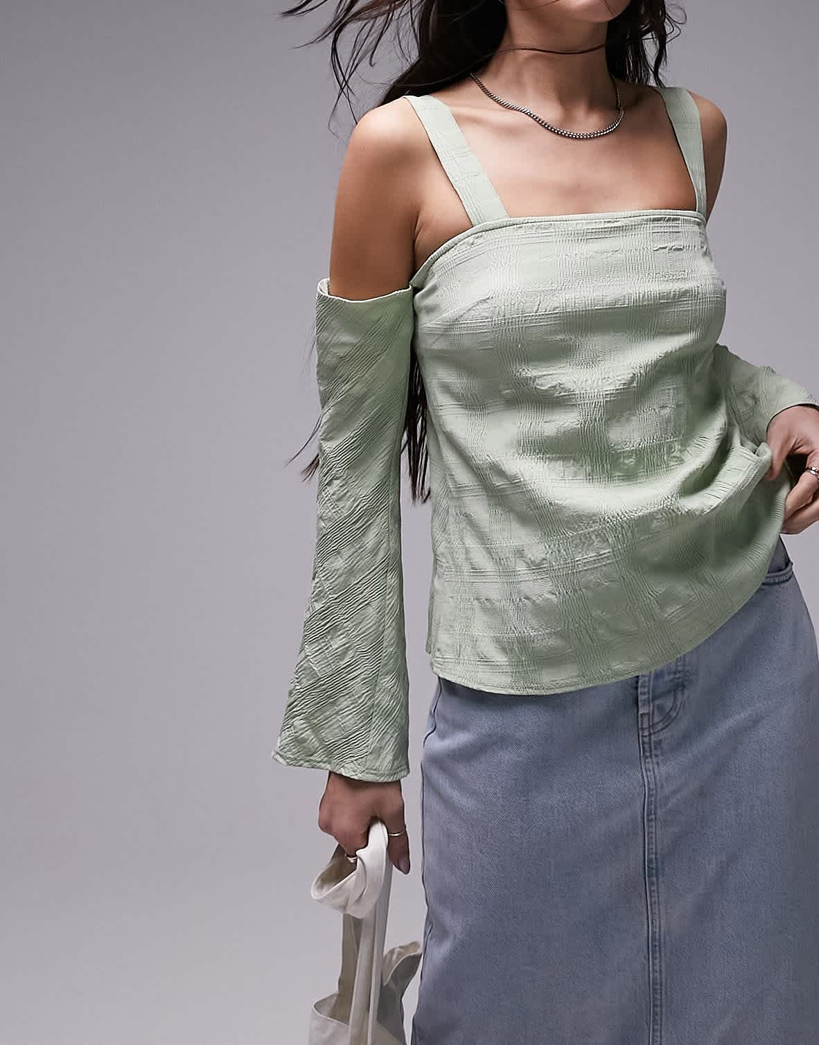 Topshop textured cold shoulder top in sage green