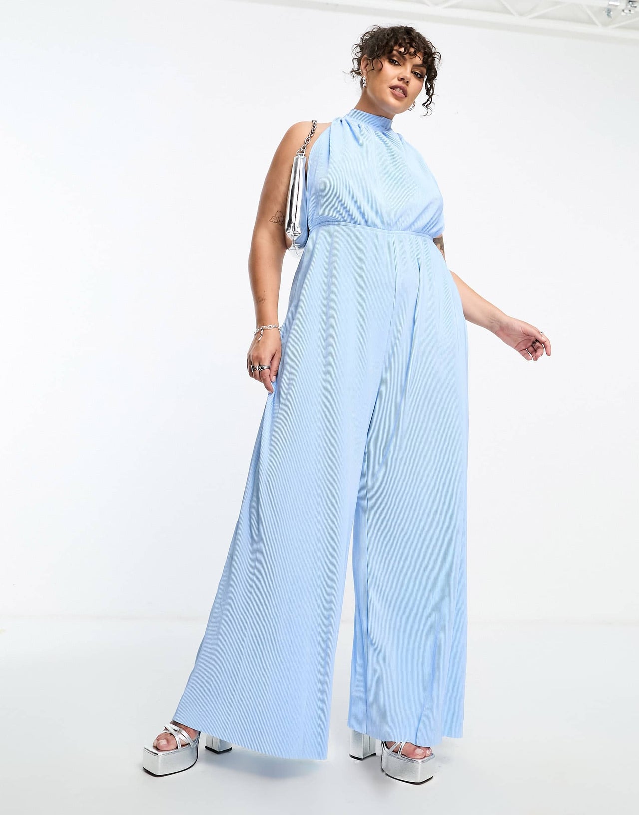 Extro & Vert Plus plisse halterneck extreme wide leg pleated jumpsuit in baby blue