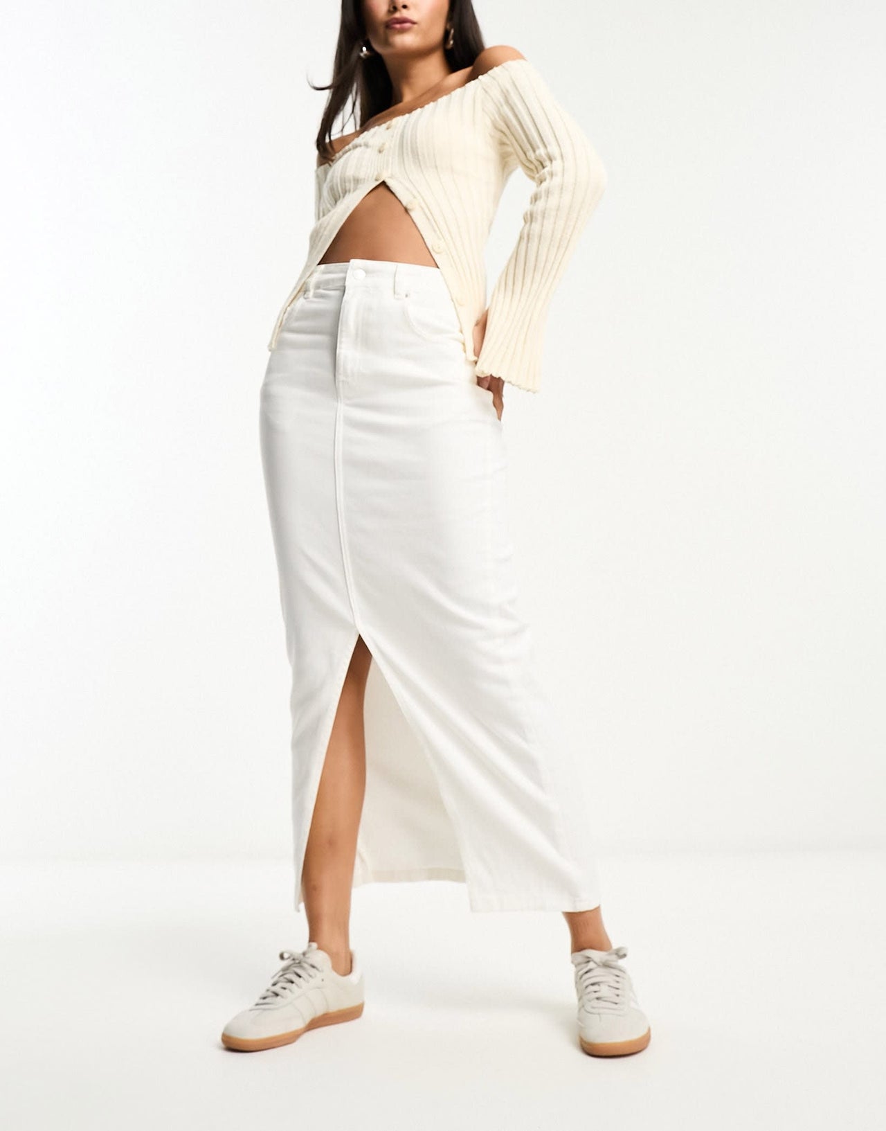 ASOS DESIGN denim midi skirt with split hem in ecru