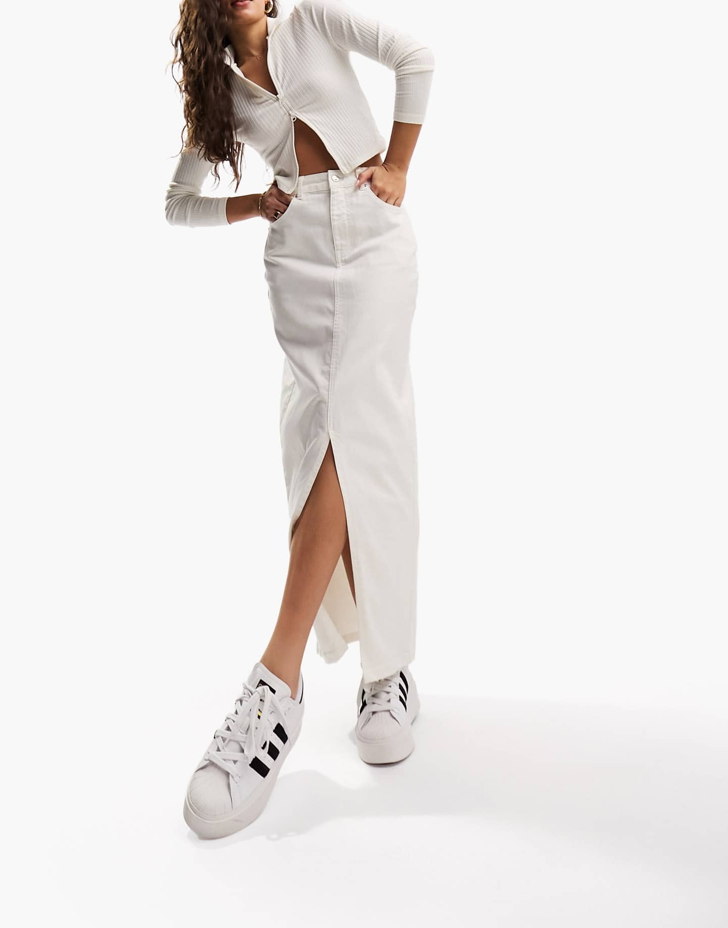 ASOS DESIGN Hourglass denim midi skirt with split hem in ecru