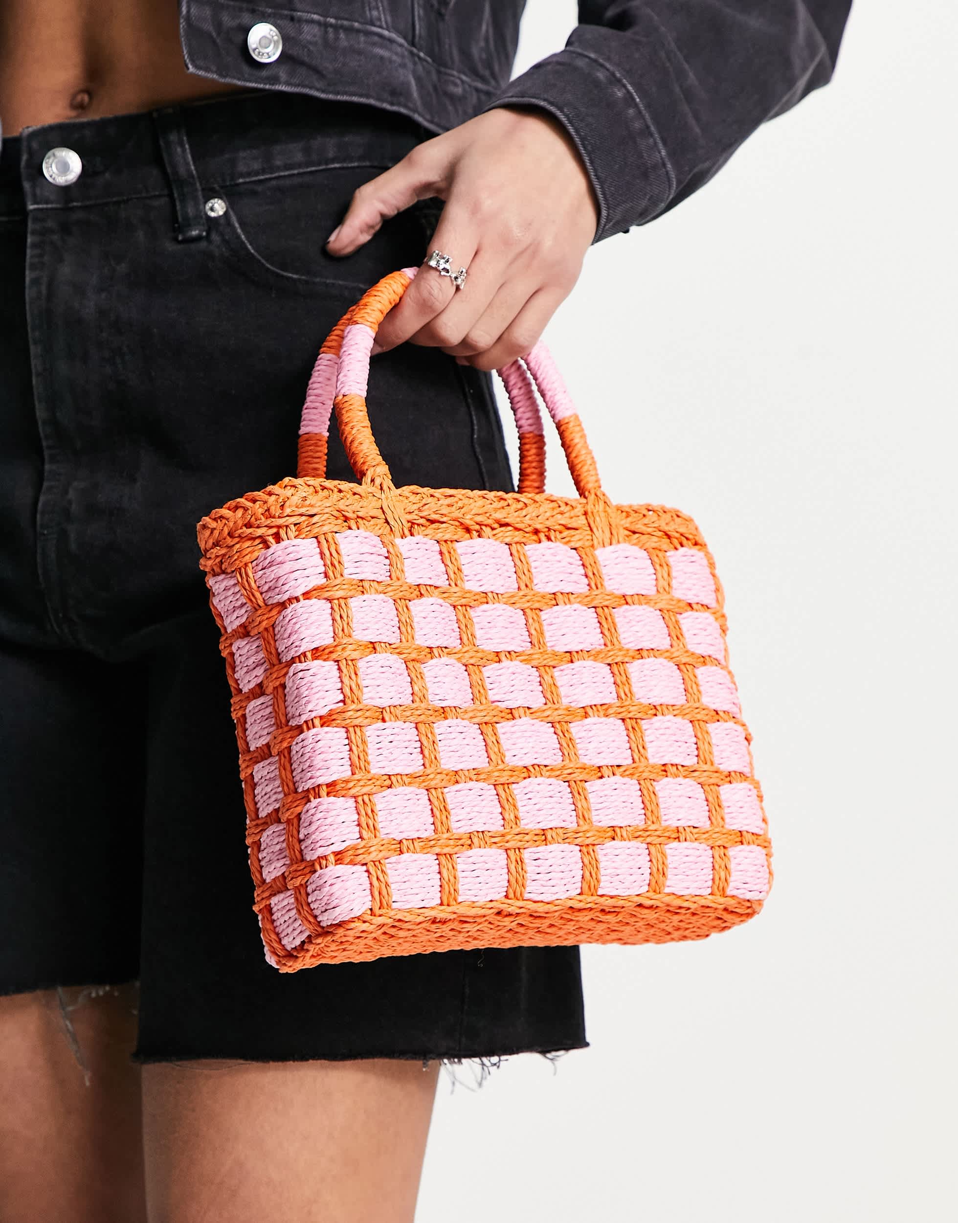 Whistles natural straw mini shopper bag in pink and orange check
