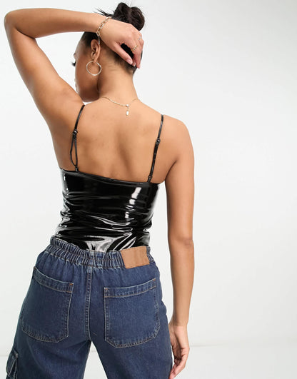 Commando faux patent leather spaghetti strap bodysuit in black