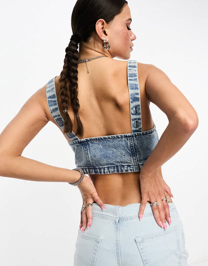Bolongaro Trevor cropped denim bralet top in acid blue