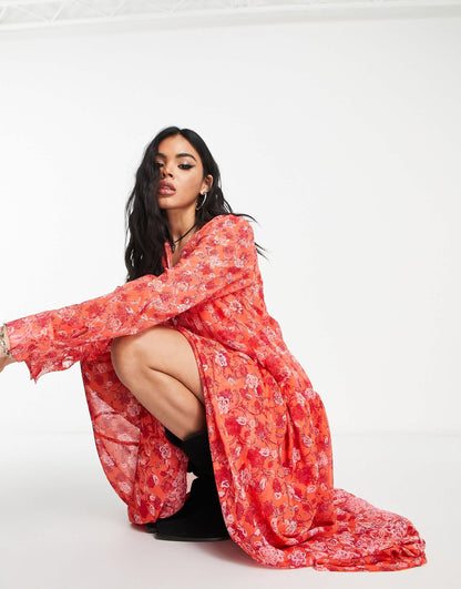 Free People button detail floral print maxi dress in coral