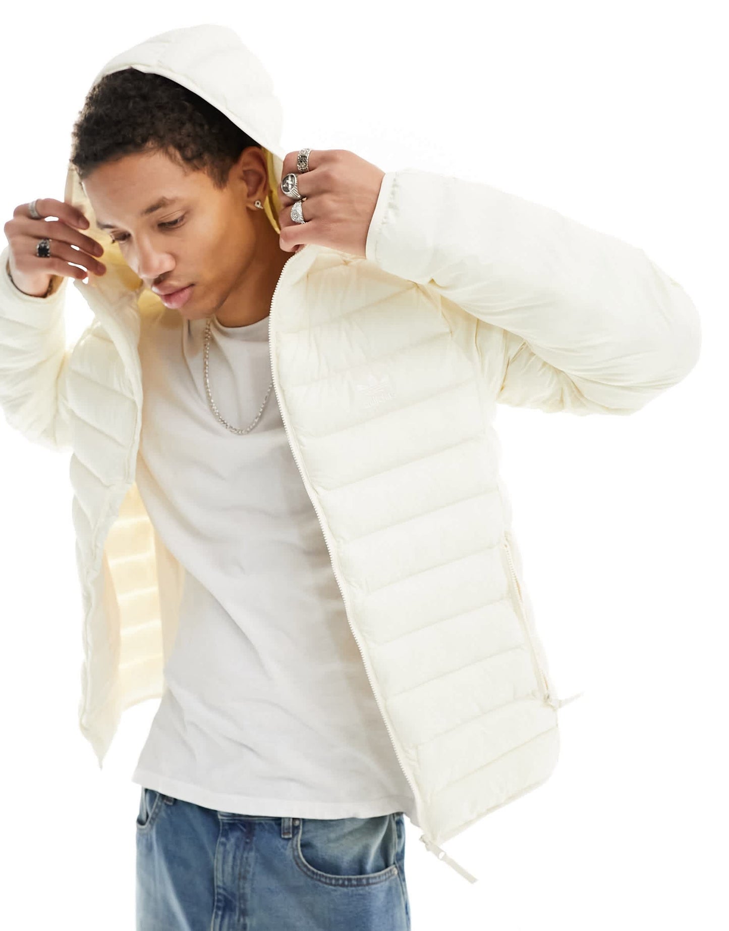 adidas Originals 3 stripe padded hooded jacket in off white