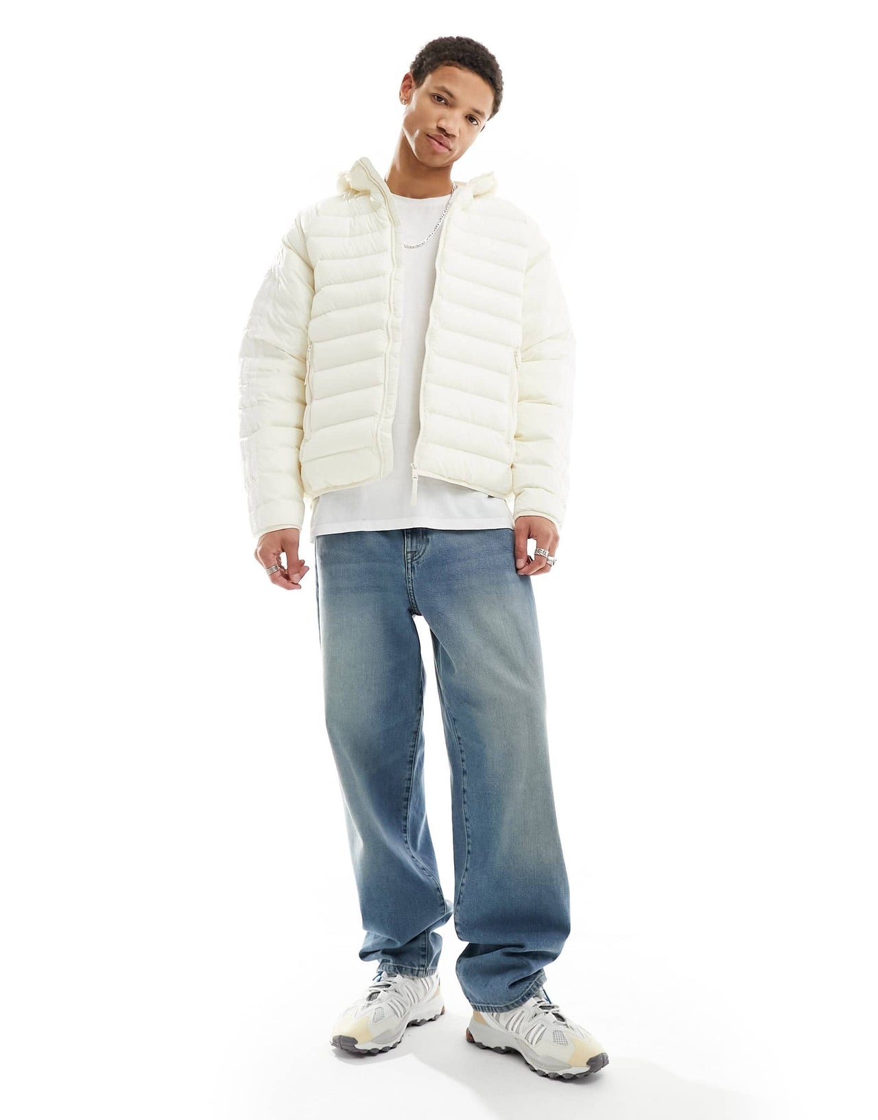 adidas Originals 3 stripe padded hooded jacket in off white