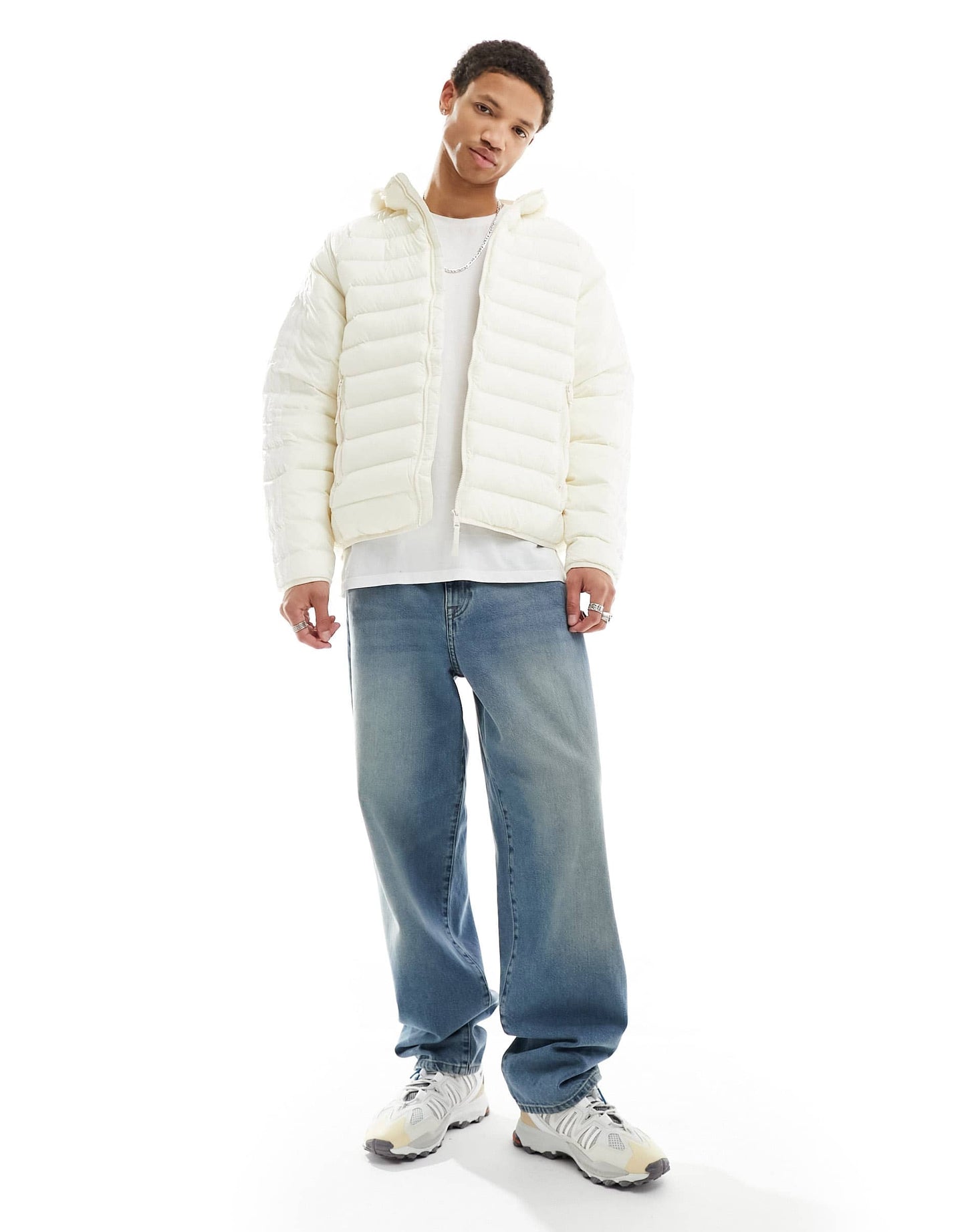 adidas Originals 3 stripe padded hooded jacket in off white