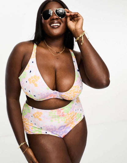ASOS DESIGN Curve high waist bikini bottom in pastel ditsy floral