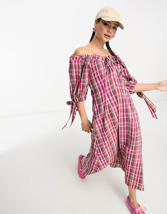 Damson Madder check print bow detail midi dress in raspberry pink