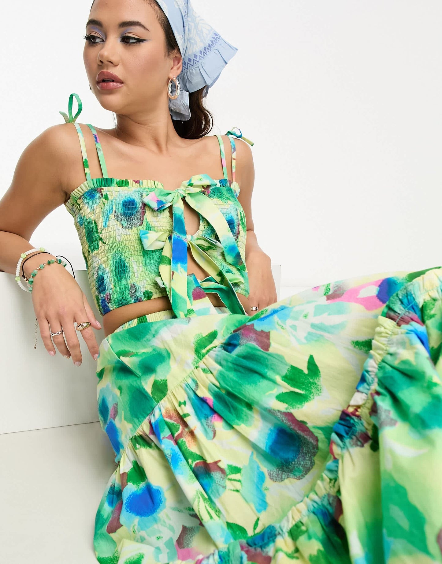 Damson Madder painterly floral bow detail crop cami co-ord in multi