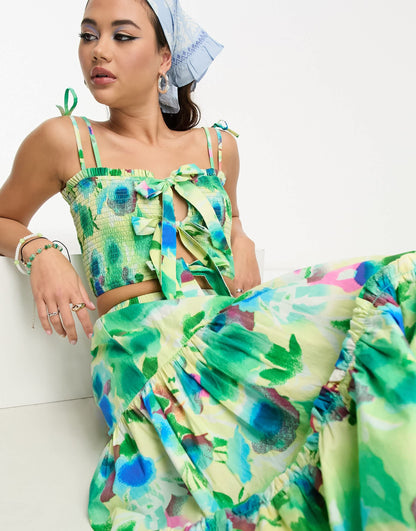 Damson Madder painterly floral bow detail crop cami co-ord in multi