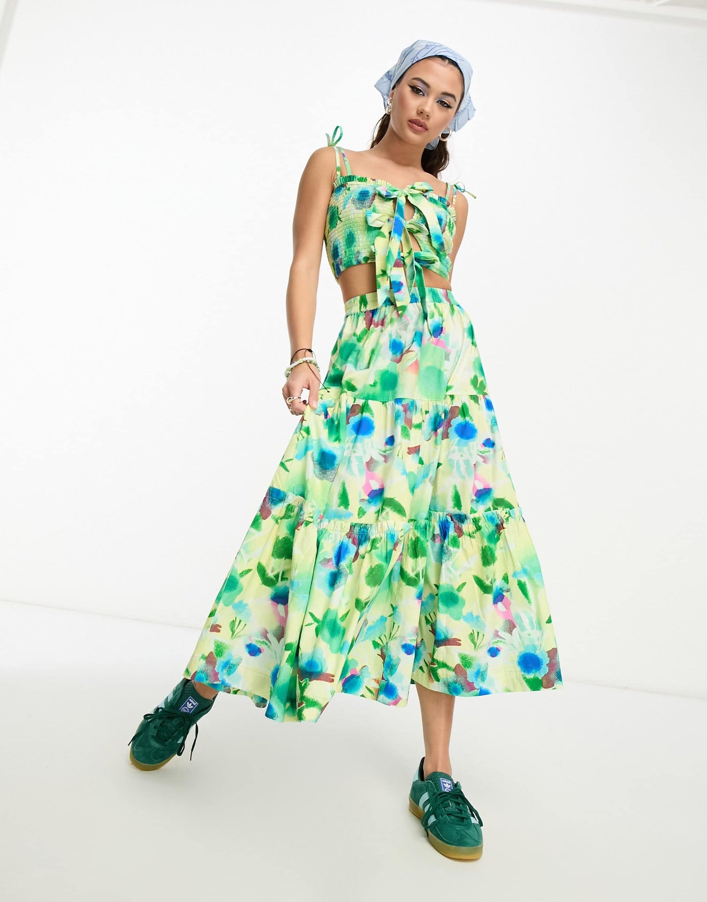 Damson Madder painterly floral bow detail crop cami co-ord in multi