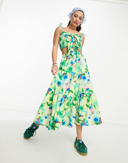 Damson Madder painterly floral bow detail crop cami co-ord in multi