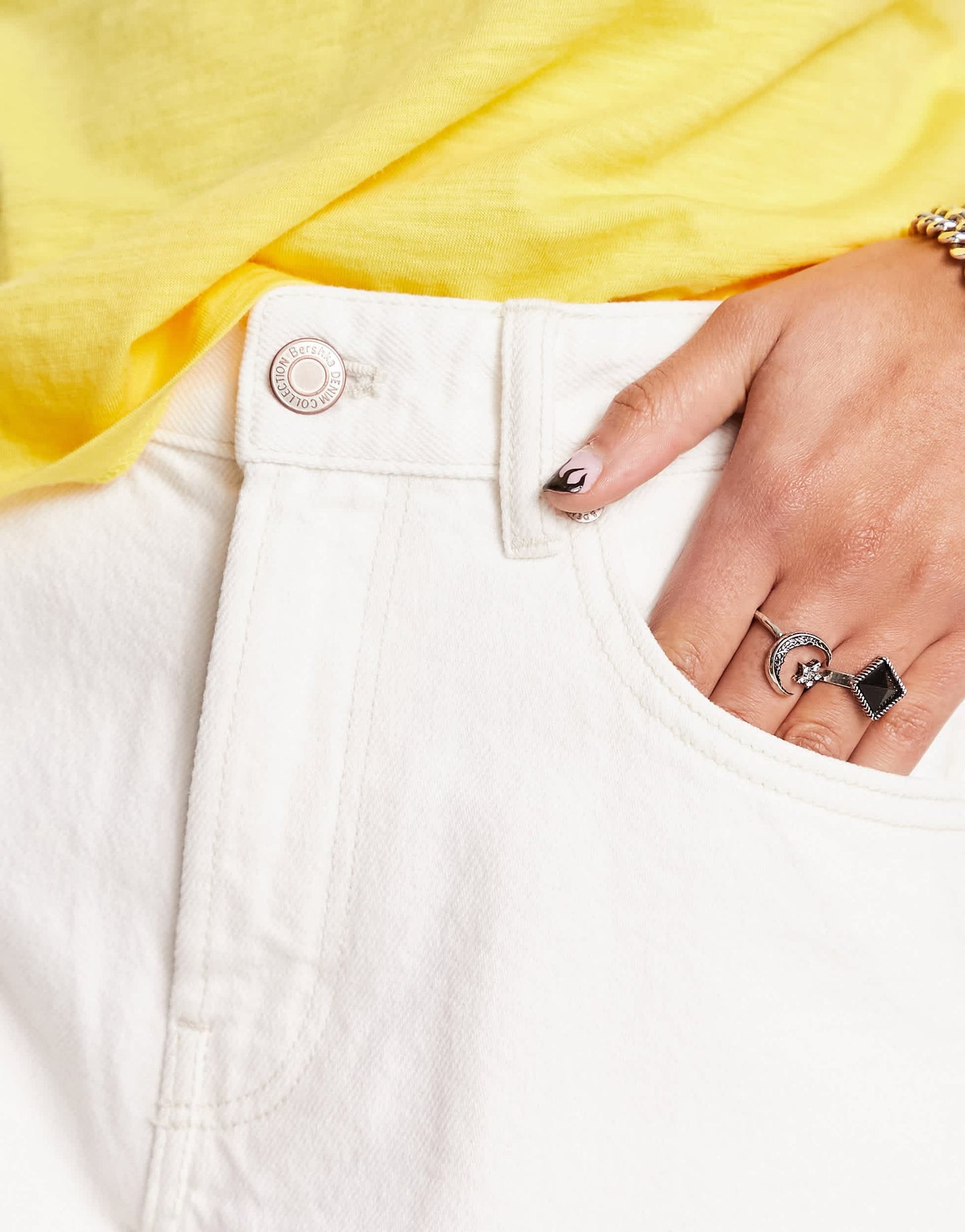 Bershka high waisted raw hem longline denim shorts in white
