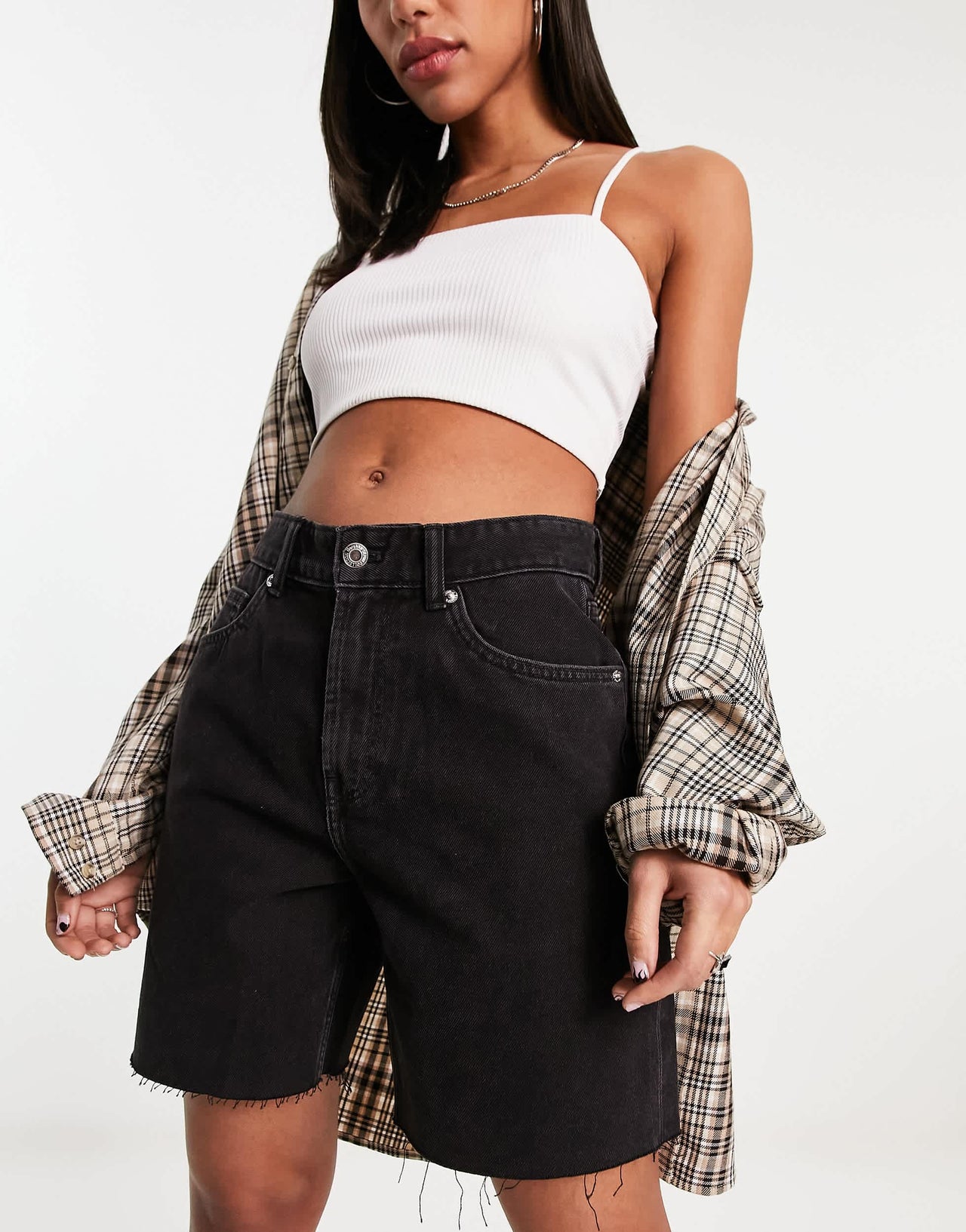 Bershka high waisted raw hem longline denim jorts in black