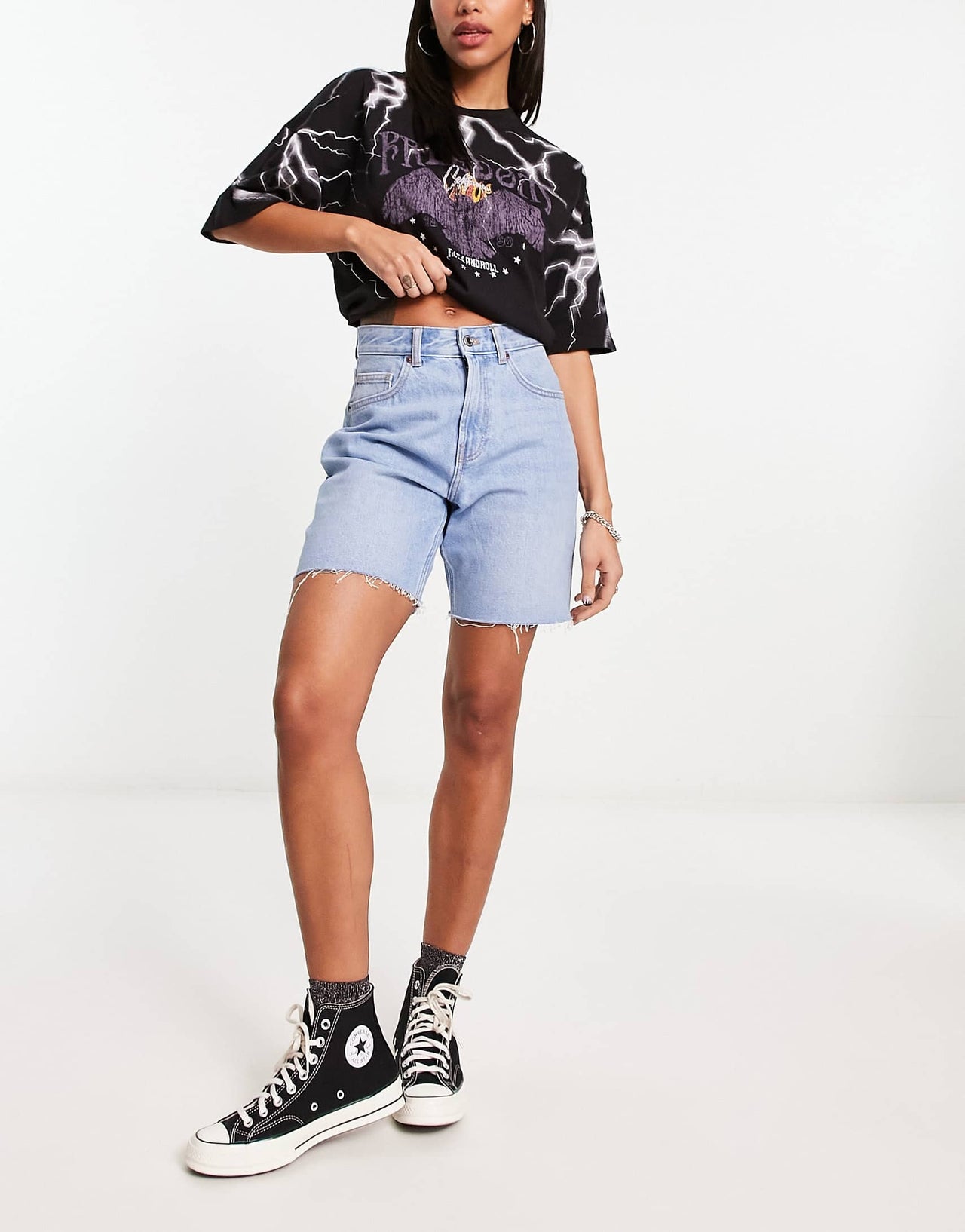 Bershka high waisted raw hem longline denim jorts in light blue