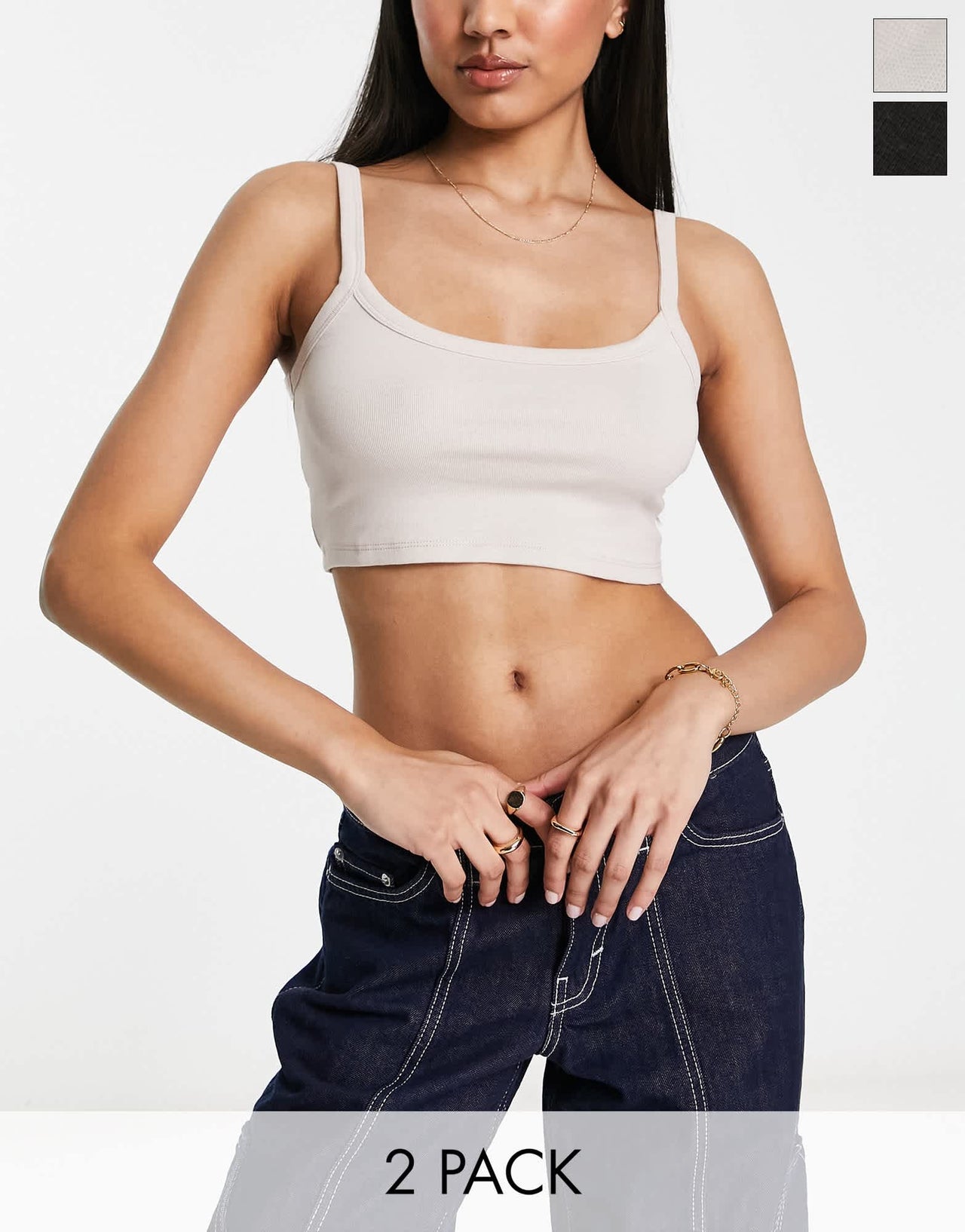 Bershka cropped bralet vest top 2 pack in beige and navy