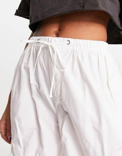 Bershka tie waist nylon cargo parachute trousers in white