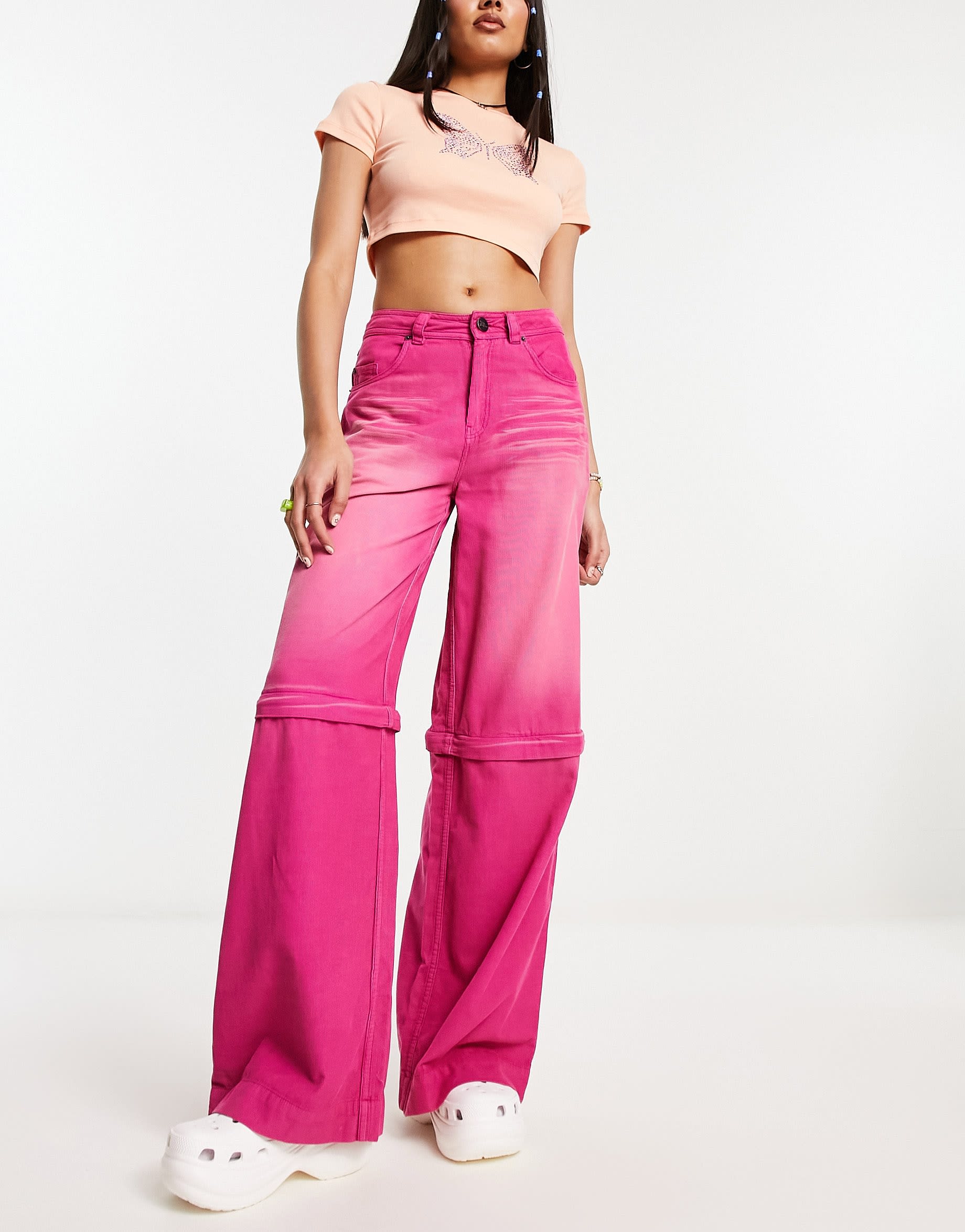 Basic Pleasure Mode acid wash zip-off jumbo cords in pink