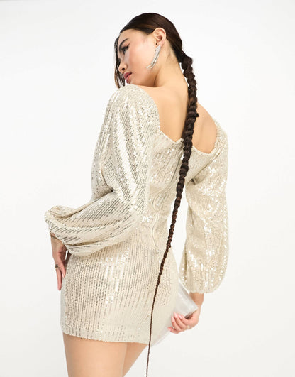 Rare London summer sequin sweetheart balloon sleeve mini dress in light champagne