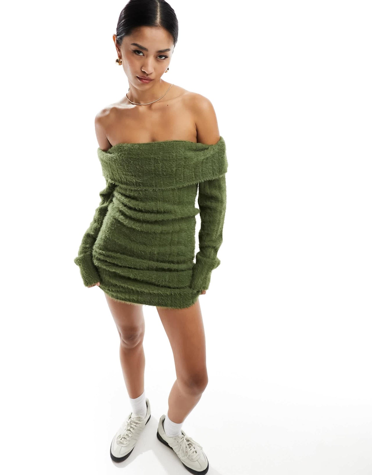 Miss Selfridge lash rib knit fold over bardot mini dress in soft khaki