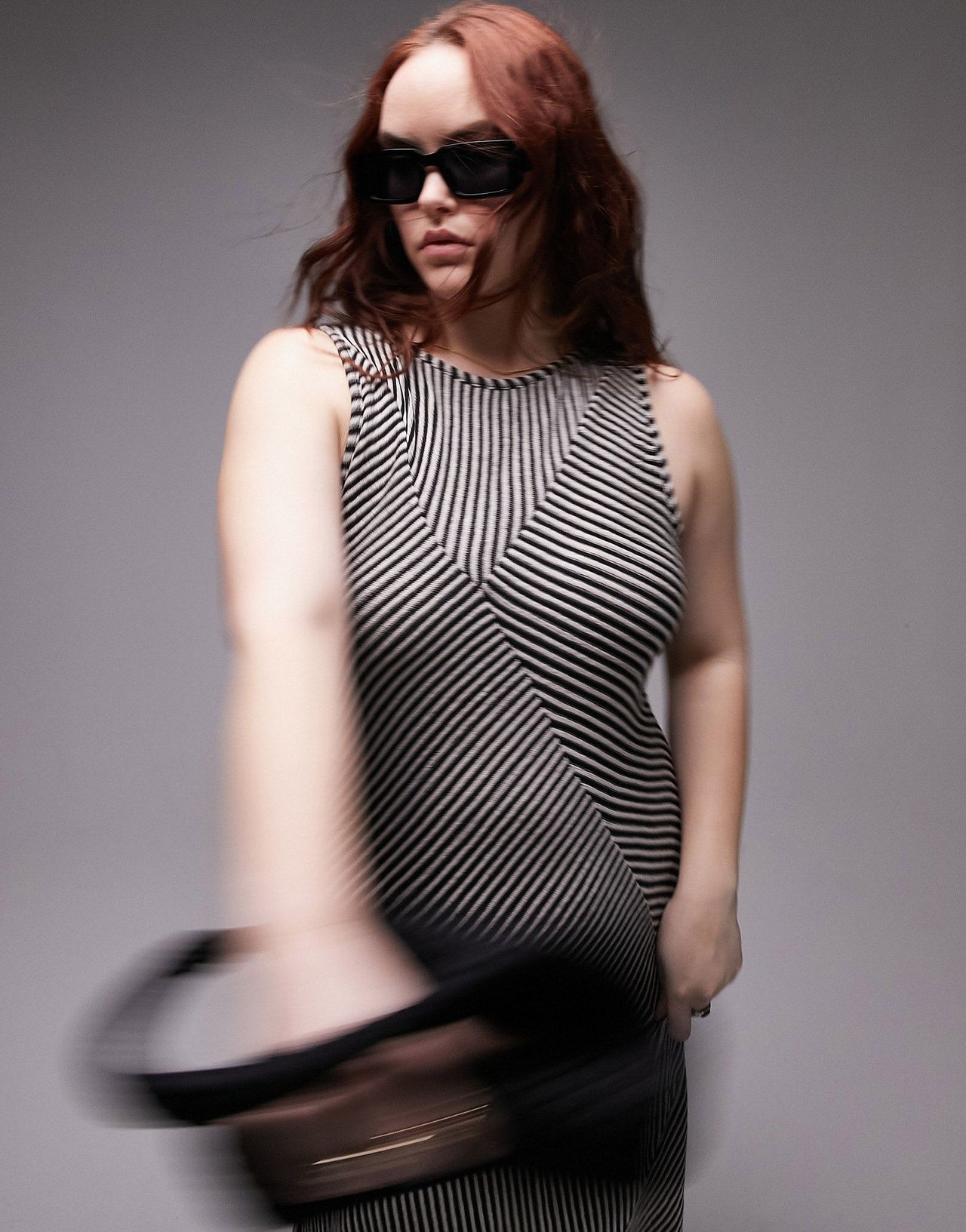 Topshop Curve cut and sew stripe panel midi dress in black and white