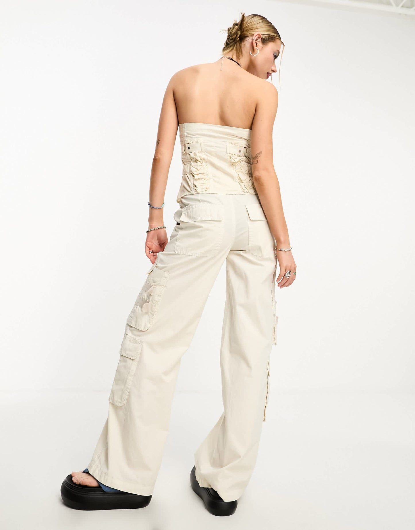 COLLUSION buckle detail parachute trousers co-ord in cream