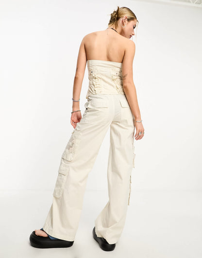 COLLUSION buckle detail parachute trousers co-ord in cream