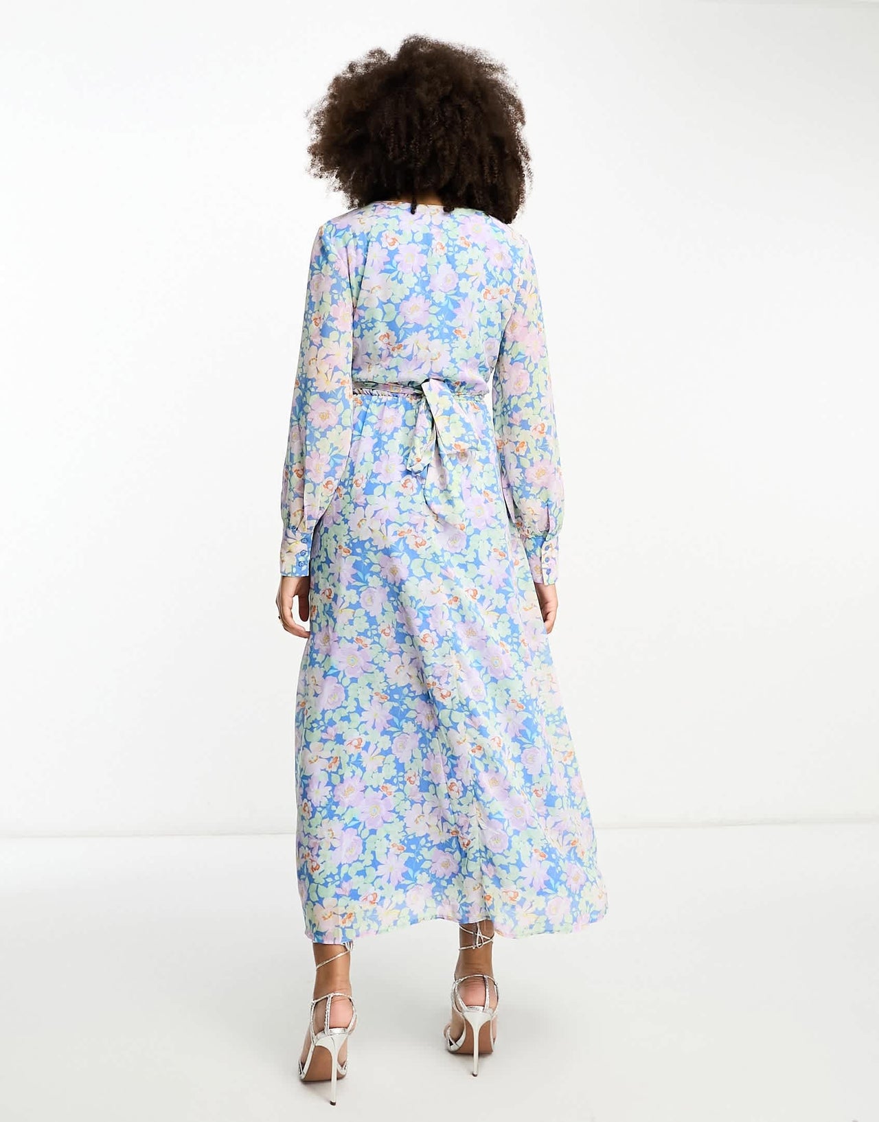 Vila tie waist midi dress in pastel blue floral