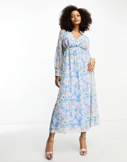 Vila tie waist midi dress in pastel blue floral