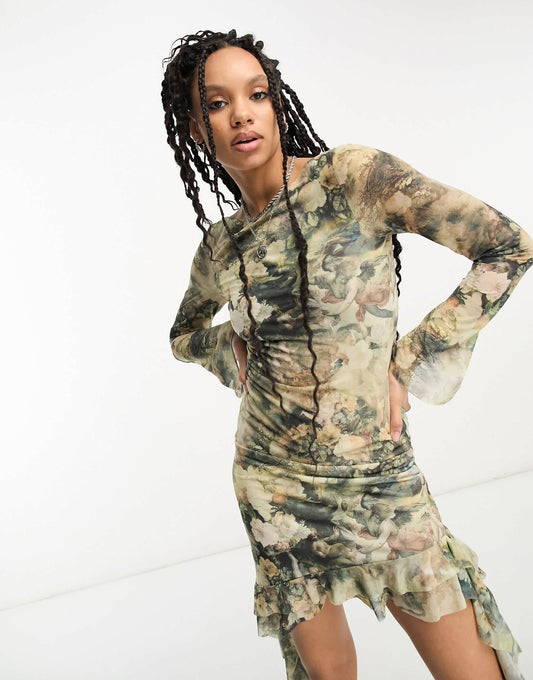 ASOS DESIGN chiffon long sleeve mini dress with ruffle hem in grungey floral print