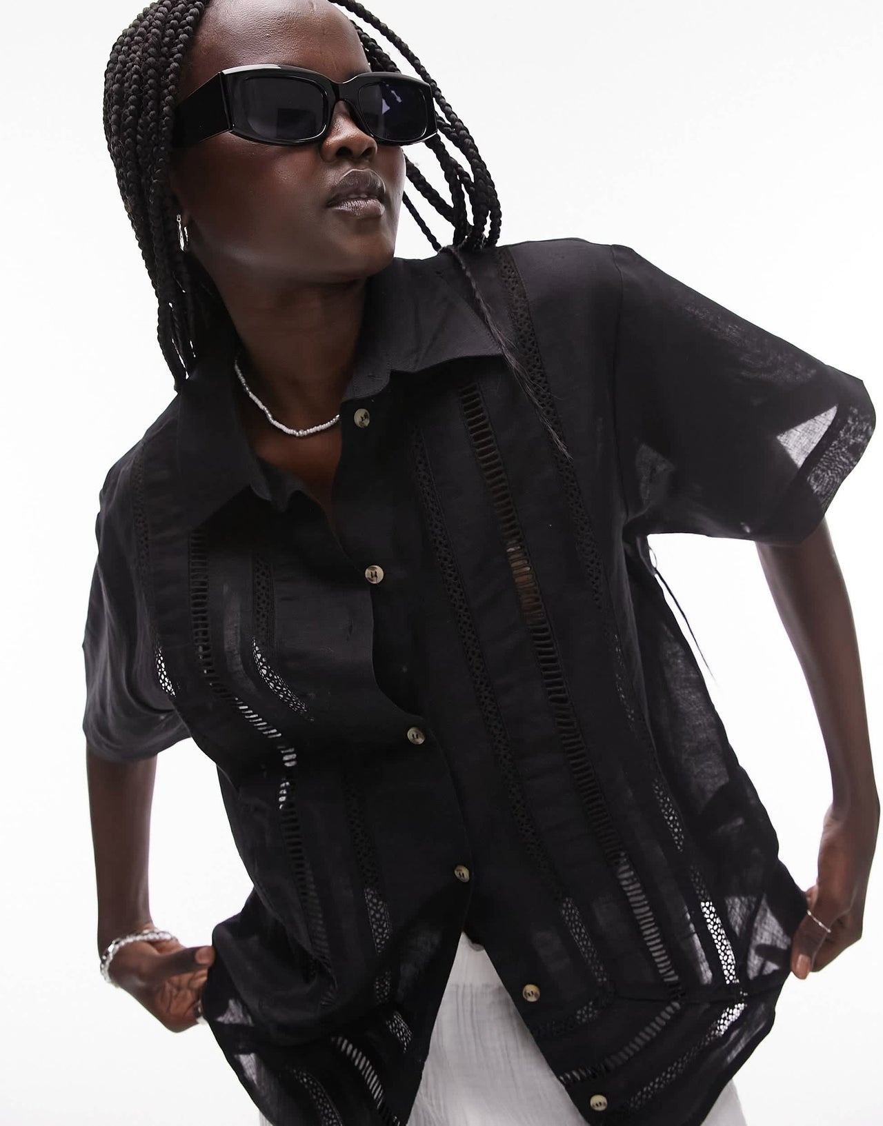 Topshop short sleeve ladder insert shirt in black