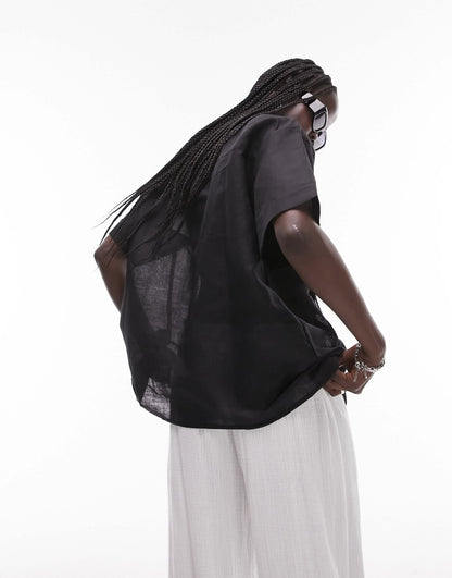 Topshop short sleeve ladder insert shirt in black